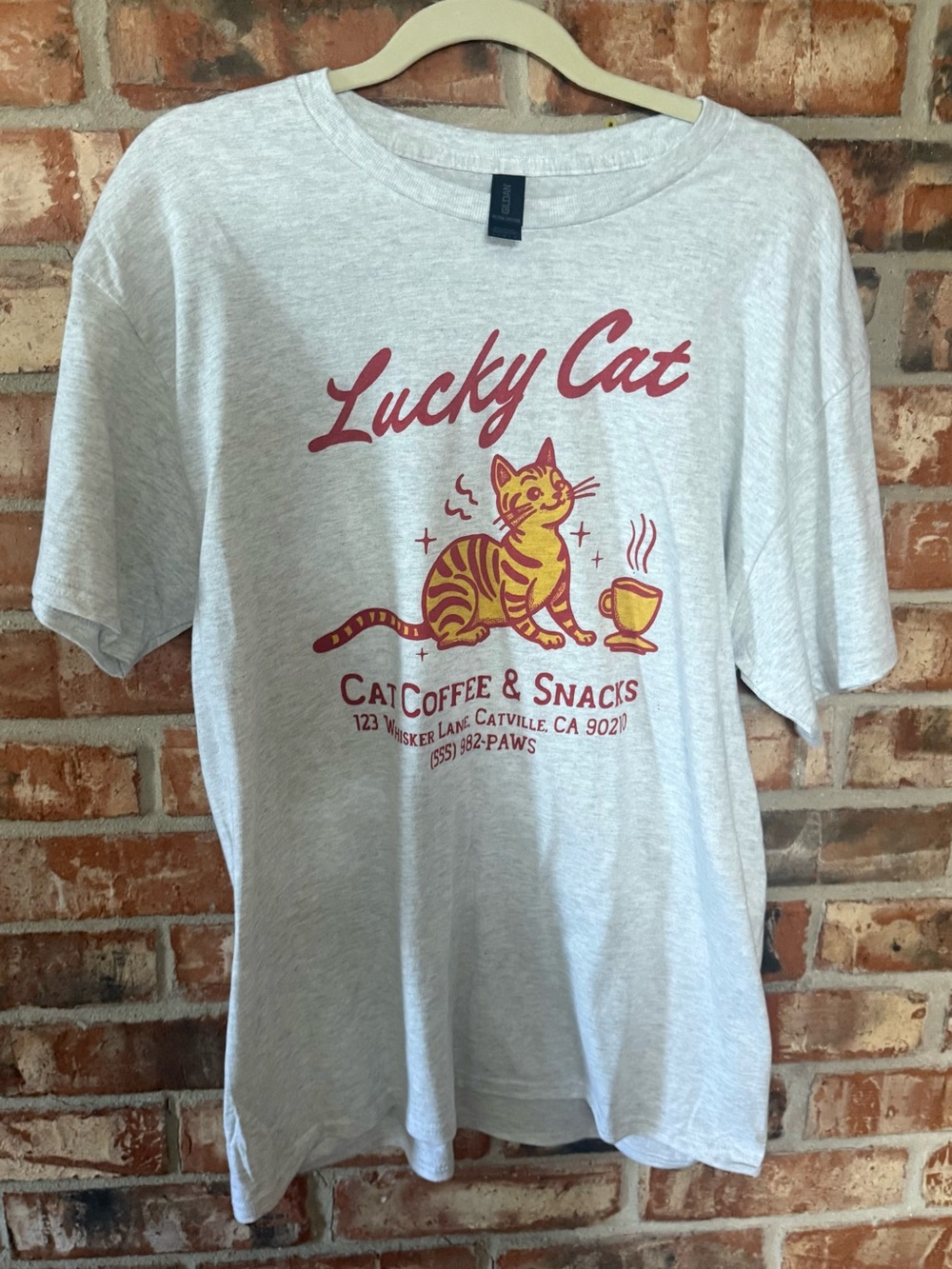 Gildan Light Gray Lucky Cat Tee with Red & Yellow Graphic
